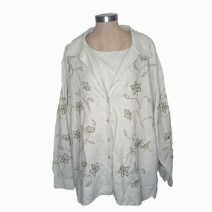 VTG 90s C.B. Studio Set Tank+Overbouse Sage Green Linen Embroidered Floral